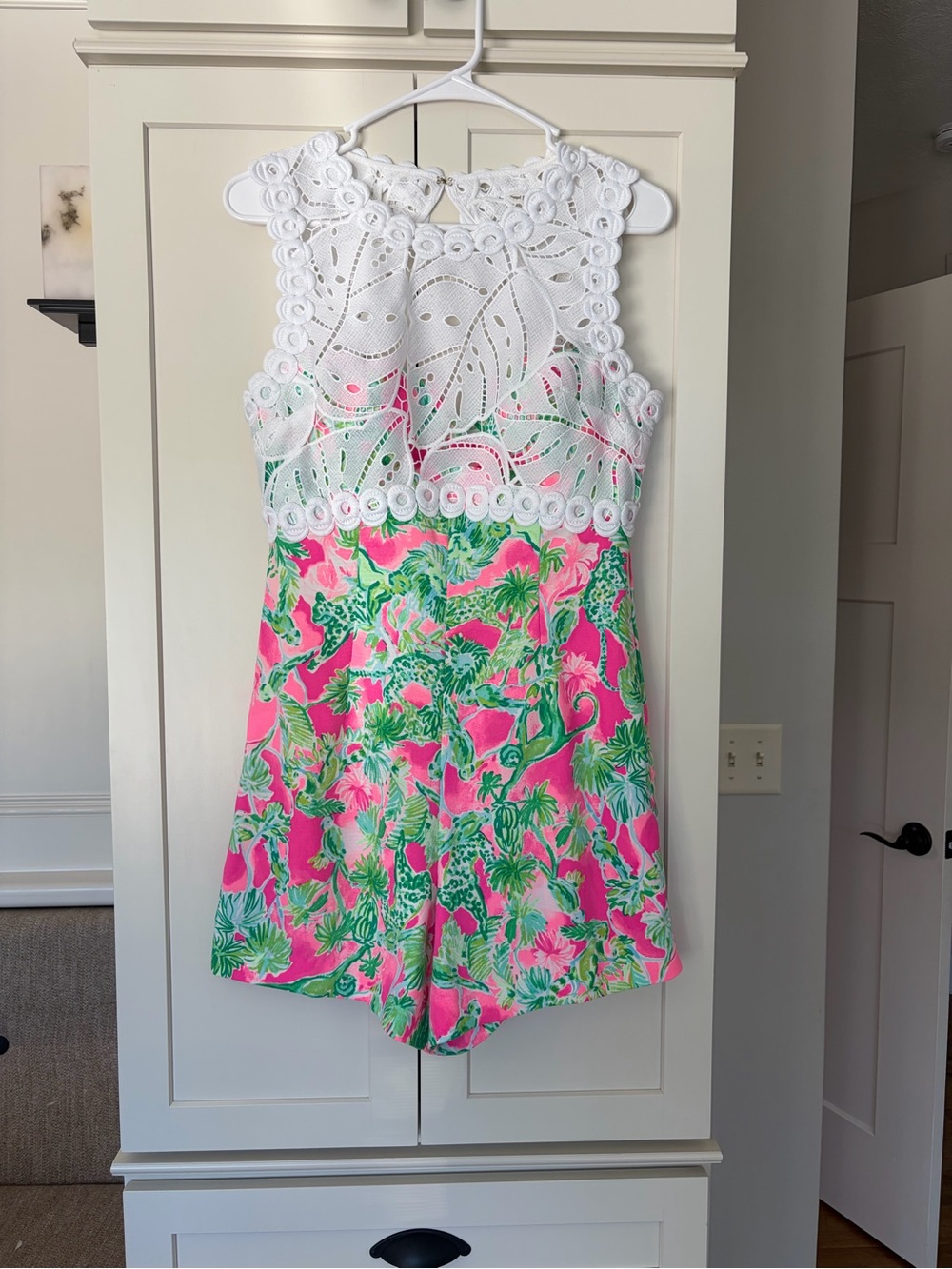 Lilly Pulitzer Pink & Green Floral Crochet-Trim Romper Shorts